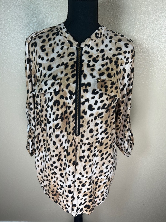 Calvin Klein Tops - Calvin Klein Leopard Print Zip Front Blouse Large Gold Accent Animal Print Top